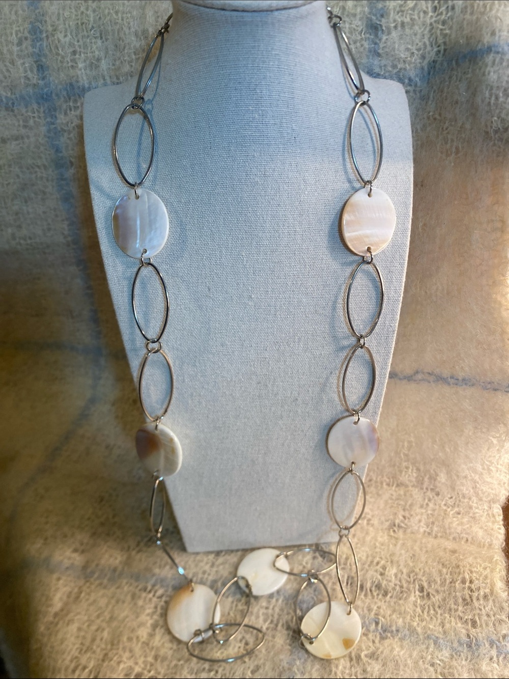 Vintage Silver Tone & Mother of Pearl Statement Necklace 36” Long Boho Chic